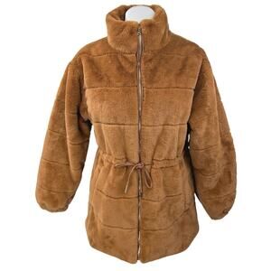 Elie Tahari Brown Faux Fur Shearling Long Sleeve Zip Drawstring Coat Jacket Sz M
